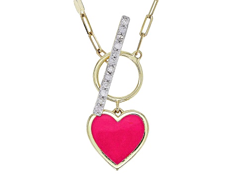 White Diamond Accent And Pink Ceramic 10k Yellow Gold Toggle Design Heart Necklace