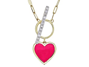 White Diamond Accent And Pink Ceramic 10k Yellow Gold Toggle Design Heart Necklace