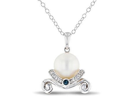 Enchanted Disney Cinderella Pendant Cultured Freshwater Pearl/Diamond/Blue Topaz Rhodium Over Silver