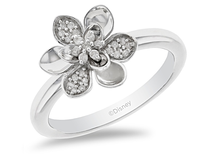 Enchanted Disney Mulan Plum Blossom Ring White Diamond Rhodium Over Silver  0.10ctw