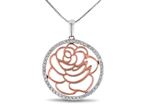 Enchanted Disney Belle Rose Pendant White Diamond Rhodium & 14k Rose Gold Over Silver 0.20ctw