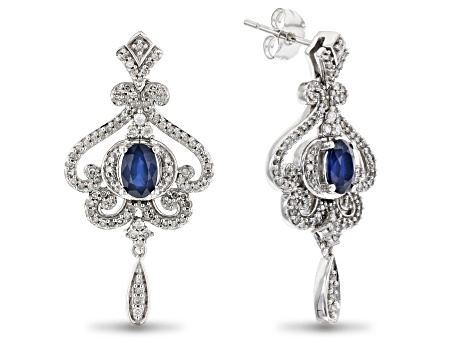 Enchanted Disney Cinderella Dangle Earrings Blue Sapphire And White Diamond 10k White Gold 1.60ctw