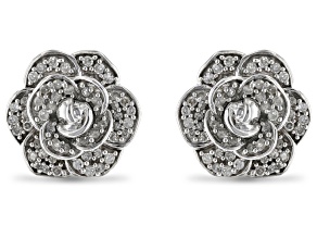 Enchanted Disney Cinderella Flower Stud Earrings White Diamond Rhodium Over Silver 0.20ctw