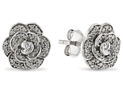 Enchanted Disney Cinderella Flower Stud Earrings White Diamond Rhodium Over Silver 0.20ctw