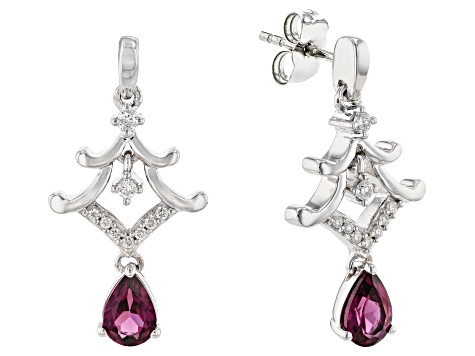 Enchanted Disney Mulan Earrings Rhodolite Garnet and White Diamond Rhodium Over Silver 1.10ctw