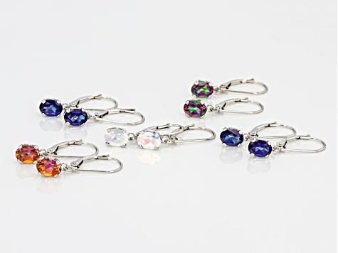 Multi Color Assorted Mystic Topaz® 5 Pairs Rhodium Over Silver Dangle Earrings Set 7.43ctw