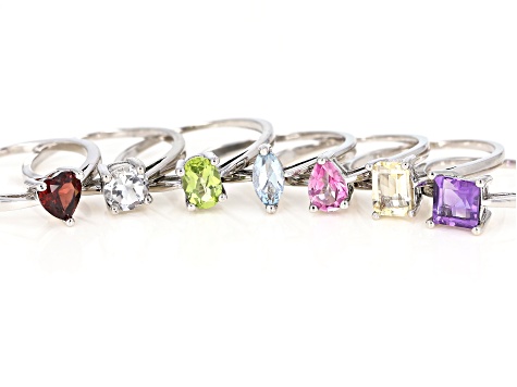 5.24ctw Multiple Shapes And Multiple Stone Rhodium Over Sterling Silver Set Of 7 Rings