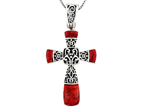 Red Coral Sterling Silver Cross Pendant With Chain - DJH262 | JTV.com