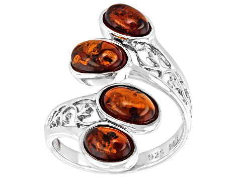 Orange Amber Rhodium Over Sterling Silver Ring.