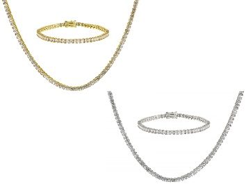 Picture of Cubic Zirconia Silver And 18k Yellow Gold Over Brass Tennis Necklace and Bracelet Sets 106.80ctw