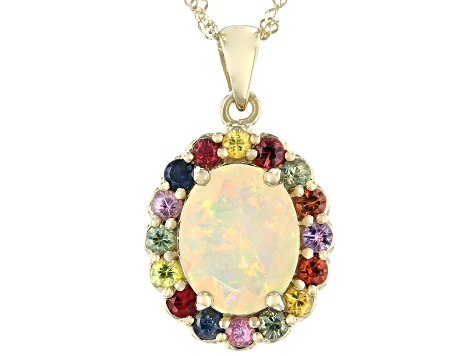 Multicolor Opal 10K Yellow Gold Pendant With Chain 2.16ctw