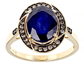 Blue Mahaleo® Sapphire With Round Champagne Diamonds 10K Yellow Gold Ring 3.29ctw