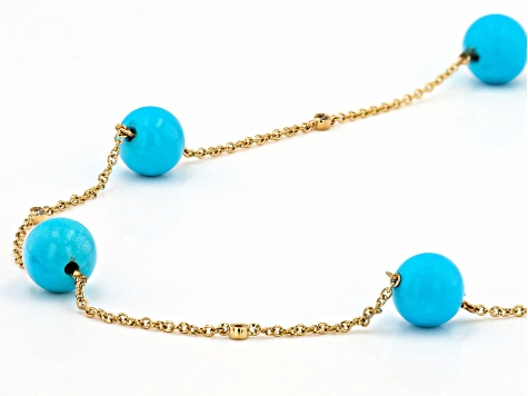 Blue Sleeping Beauty Turquoise  14K Yellow Gold Station Necklace 0.03ctw