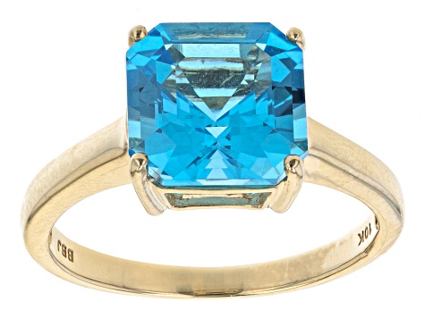 Swiss Blue Topaz Asscher Cut 10k Yellow Gold Solitaire Ring 4.62ct