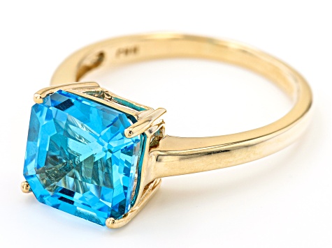 Swiss Blue Topaz Asscher Cut 10k Yellow Gold Solitaire Ring 4.62ct