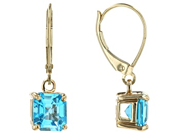 Picture of Asscher Cut Swiss Blue Topaz 10k Yellow Gold Dangle Earrings 2.89ctw