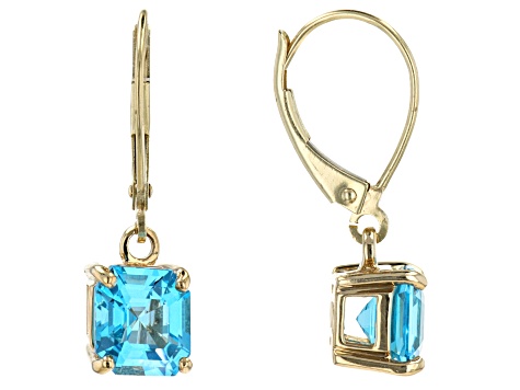 Asscher Cut Swiss Blue Topaz 10k Yellow Gold Dangle Earrings 2.89ctw