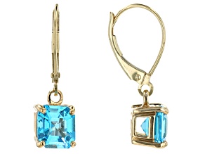 Asscher Cut Swiss Blue Topaz 10k Yellow Gold Dangle Earrings 2.89ctw