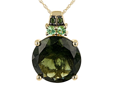 Green Moldavite 10K Yellow Gold Pendant With Chain 6.19ctw