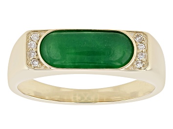Picture of Green Jadeite And White Diamond 10K Yellow Gold Ring 0.04ctw