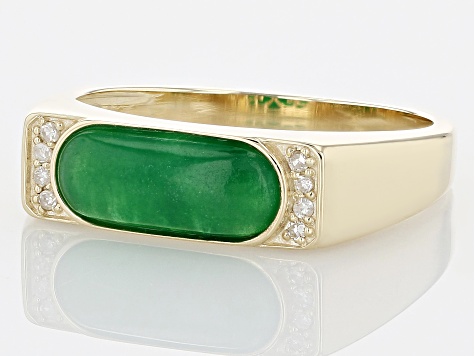 Green Jadeite And White Diamond 10K Yellow Gold Ring 0.04ctw