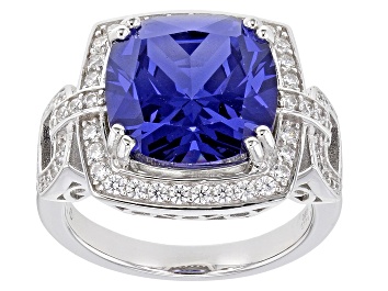 Picture of Blue And White Cubic Zirconia Rhodium Over Sterling Silver Ring 12.50ctw
