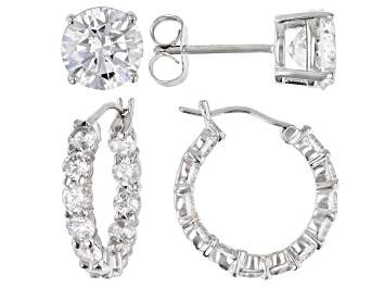 Picture of White Cubic Zirconia Rhodium Over Sterling Silver Hoop And Stud Earrings Set 10.00 ctw