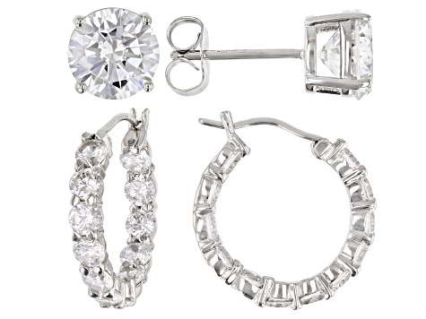 White Cubic Zirconia Rhodium Over Sterling Silver Hoop And Stud Earrings Set 10.00 ctw