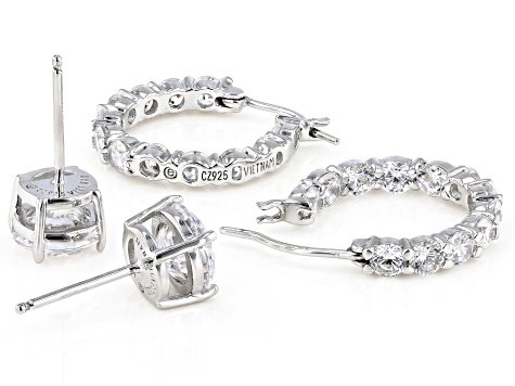 White Cubic Zirconia Rhodium Over Sterling Silver Hoop And Stud Earrings Set 10.00 ctw