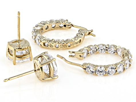 White Cubic Zirconia 18K Yellow Gold Over Sterling Silver Hoop And Stud Earrings Set 10.00ctw