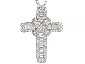 White Cubic Zirconia Rhodium Over Sterling Silver Cross Pendant With Chain 3.66ctw