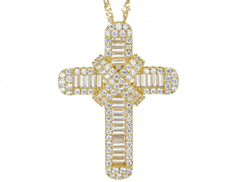 White Cubic Zirconia 18k Yellow Gold Over Sterling Silver Cross Pendant With Chain