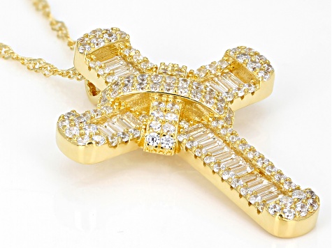 White Cubic Zirconia 18k Yellow Gold Over Sterling Silver Cross Pendant With Chain