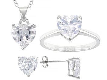 Picture of White Cubic Zirconia Rhodium Over Sterling Heart Earrings, Ring, And Pendant With Chain 10.44ctw