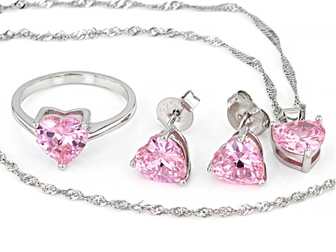 Pink Cubic Zirconia Rhodium Over Silver Heart Earrings, Ring, And 