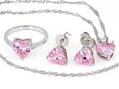 Pink Cubic Zirconia Rhodium Over Silver Heart Earrings, Ring, And Pendant With Chain 10.44ctw