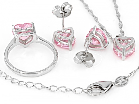 Pink Cubic Zirconia Rhodium Over Silver Heart Earrings, Ring, And Pendant With Chain 10.44ctw