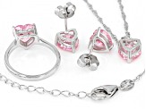 Pink Cubic Zirconia Rhodium Over Silver Heart Earrings, Ring, And Pendant With Chain 10.44ctw