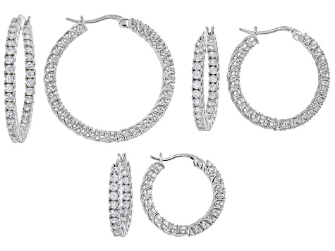 White Cubic Zirconia Rhodium Over Sterling Silver Hoop Earrings- Set of ...