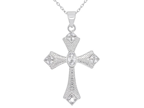 White Cubic Zirconia Rhodium Over Sterling Silver Cross Pendant With ...