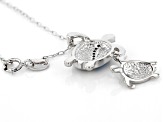 Lab Created Opal And White Cubic Zirconia Rhodium Over Sterling Turtle Pendant With Chain 0.12ctw