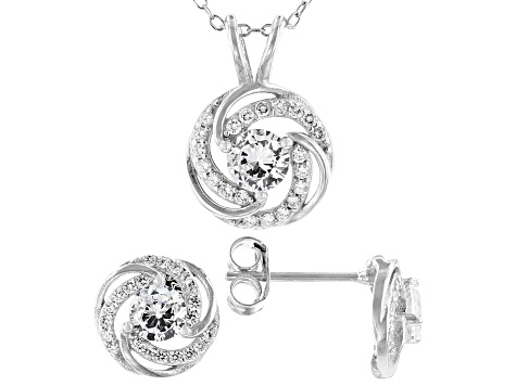 Heart Stud Earrings & Pendant Set with Cubic Zirconia in Rhodium Over Silver 