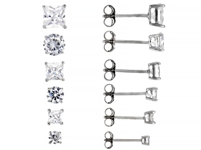 White Cubic Zirconia Rhodium Over Sterling Silver Stud Earrings- Set of 6 5.14ctw