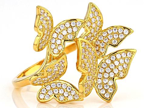 White Cubic Zirconia 18k Yellow Gold Over Sterling Silver Butterfly Ring 1.46ctw