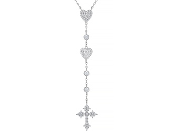 Picture of White Cubic Zirconia Rhodium Over Sterling Silver Heart And Cross Necklace 1.62ctw