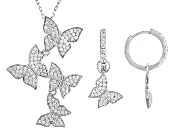 Picture of White Cubic Zirconia Rhodium Over Silver Butterfly Necklace And Earrings Set 2.55ctw