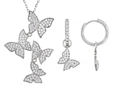 White Cubic Zirconia Rhodium Over Silver Butterfly Necklace And Earrings Set 2.55ctw