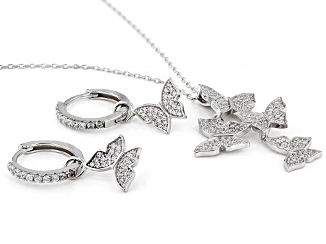 White Cubic Zirconia Rhodium Over Silver Butterfly Necklace And Earrings Set 2.55ctw