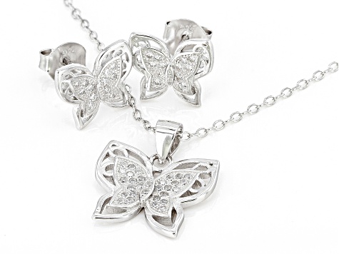 White Cubic Zirconia Rhodium Over Sterling Silver Butterfly Earrings And Pendant With Chain