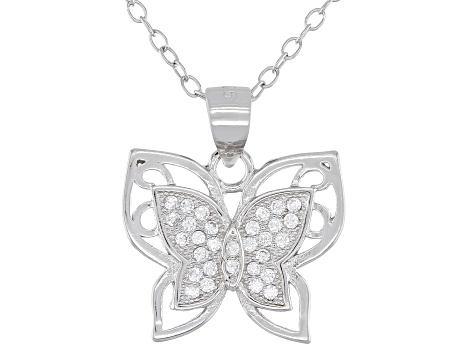 White Cubic Zirconia Rhodium Over Sterling Silver Butterfly Earrings And Pendant With Chain